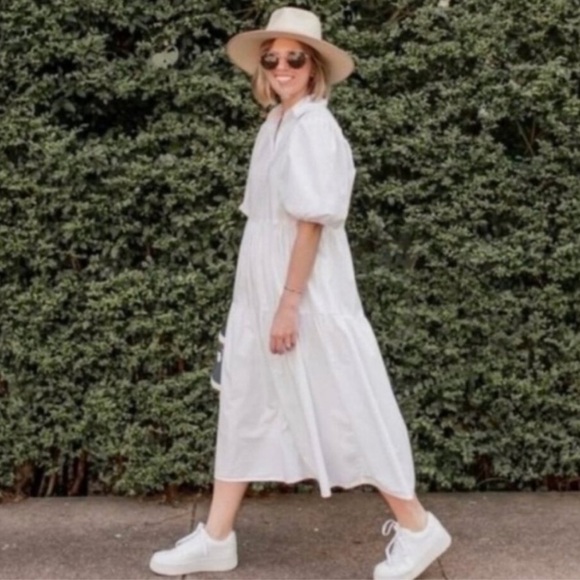 Amadi Dresses & Skirts - ANTHROPOLOGIE AMADI Cordelia Tiered White Midi Shirt Dress Size Large